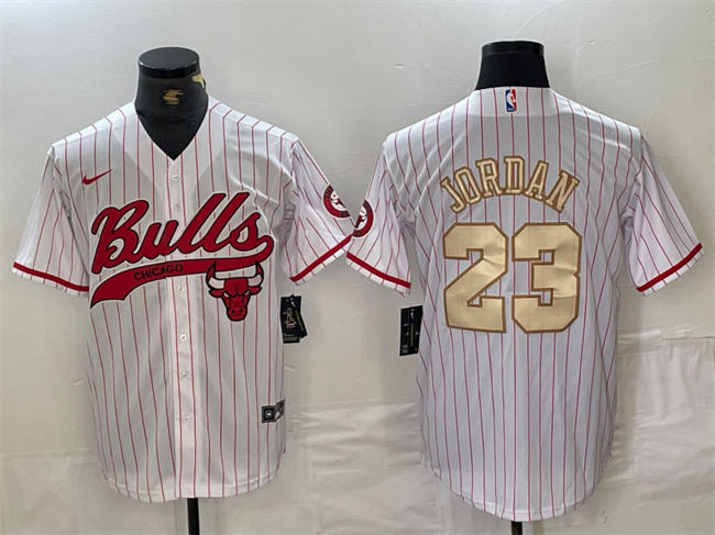 Men's Chicago Bulls #23 Michael Jordan White/Gold Cool Base Stitched Baseball Jersey